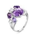 Кольцо из серебра с пл.кварцем цв.аметист и фианитами родированное