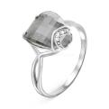 Кольцо из серебра с пл.кварцем цв.дымчатый и фианитами родированное