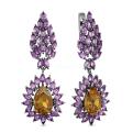Серьги из серебра с ситаллом цв.султанит и нат.аметистом родированные