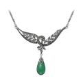 Колье из чернёного серебра с нат. зелёным агатом и марказитами родированное         