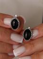 Серьги из серебра с нат. чёрным агатом родированные