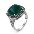 Кольцо из чернёного серебра с нат.зелёным агатом и марказитами