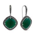 Серьги из чернёного серебра с нат.зелёным агатом и марказитами