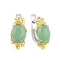 Серьги из серебра с нат.нефритом, фианитами и золочением родированные