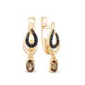 Серьги из золочёного серебра с натуральным раух-топазом, фианитами и родированием