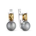 Серьги из серебра с культ.жемчугом и дымчатым кварцем родированные