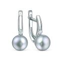 Серьги из серебра с культивированным серым жемчугом и фианитами родированные