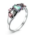 Кольцо из серебра с плавленым кварцем цвета мистик зелёный и цвета родолит родированное