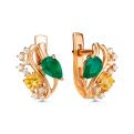 Серьги из золочёного серебра с нат.зелёным агатом, нат.цитрином и фианитами