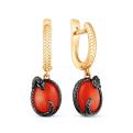 Серьги из золочёного серебра с нат. кораллом, фианитами и родированием