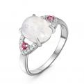 Кольцо из серебра с нат.лунным камнем, нат.розовым топазом и фианитами родированное - фото
