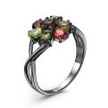 Кольцо из серебра с нат.раух-топазом и нат.турмалином цв.мульти  родированное