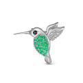 Брошь из серебра с фианитом и нат.зелёным агатом родированная - Колибри