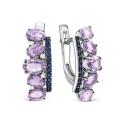 Серьги из серебра с нат.аметистом, нат.синей шпинелью и фианитами родированные