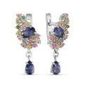 Серьги из серебра с нат. иолитом и нат. турмалином родированные