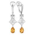 Серьги длинные из серебра с натуральным цитрином родированные