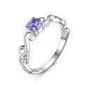 Кольцо из серебра с плавленым кварцем цвета танзанит и фианитами родированное