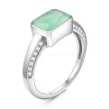 Кольцо женское из серебра с плавленым кварцем цвета лунный зелёный (форма октагон) и фианитами родированное