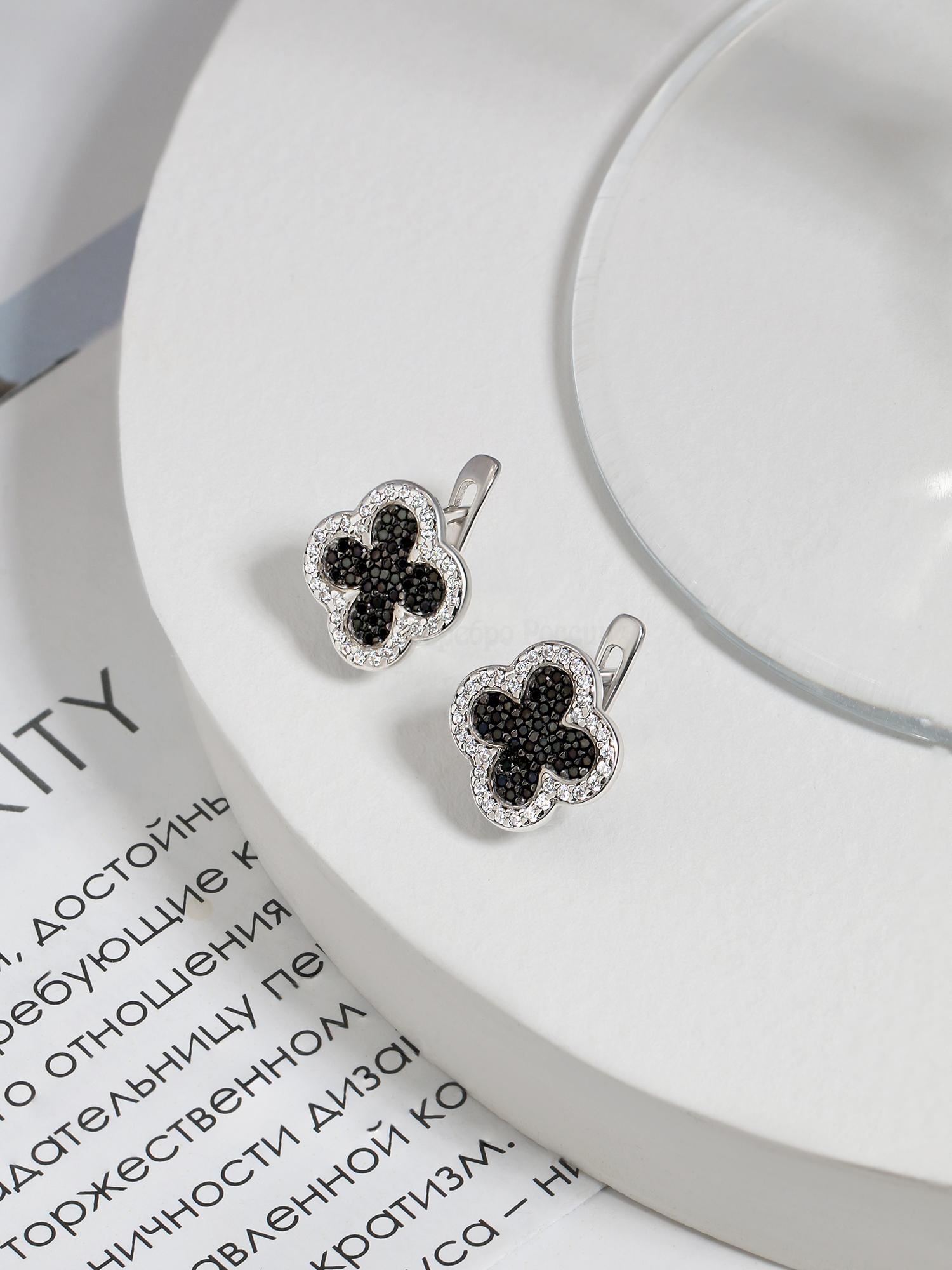 Серьги женские из серебра с натуральной шпинелью и фианитами родированные - Клевер