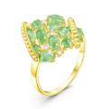 Кольцо из золочёного серебра с нат.зелёным авантюрином и фианитами