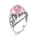 Кольцо женское из серебра с крупным плавленым кварцем цвета родолит и фианитами родированное
