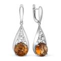 Серьги женские из серебра с крупными плавлеными кварцами цвета раух-топаз и фианитами родированные