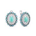 Серьги из серебра с натуральной бирюзой, нанобирюзой и фианитами родированные