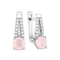 Серьги из серебра с розовым кварцем и фианитами родированные