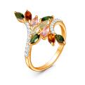 Кольцо из золочёного серебра с турмалином мульти, фианитами и родированием