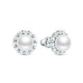 Серьги-пусеты из серебра с культивированным жемчугом и фианитами родированные