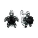 Серьги черепахи из чернёного серебра с синтетическим ониксом и марказитами
