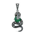 Подвеска змея из чернёного серебра с плавленым кварцем цвета зелёный и марказитами