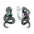 Серьги змеи из чернёного серебра с плавленым кварцем цвета мистик и марказитами