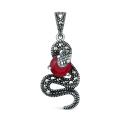 Подвеска змея из чернёного серебра с плавленым кварцем цвета рубин и марказитами