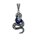 Подвеска змея из чернёного серебра с плавленым кварцем цвета сапфир и марказитами