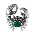 Брошь из чернёного серебра с  зелёным агатом и марказитами - Краб