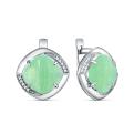 Серьги из серебра с плавленым кварцем цвета лунный мятный и фианитами родированные