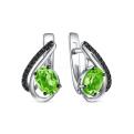 Серьги из серебра с натуральным хризолитом и чёрными фианитами родированные