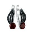 Серьги из серебра с гранатом и чёрной шпинелью родированные