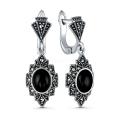 Серьги из чернёного серебра с натуральным чёрным ониксом и марказитами