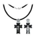 Колье с крестом из чернёного серебра и дерева эбен на текстильном вощёном шнурке - Рaспятие, Голгофский Крест, Шестикрылый Херувим, Святая Троица, Спас Вседержитель, Казанская Божья Матерь, Николай Чу