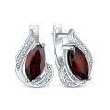Серьги из серебра с натуральным гранатом и кубическим цирконием родированные
