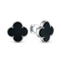 Серьги-пусеты из серебра с натуральным чёрным ониксом родированные - Клевер, четырёхлистник