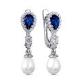 Серьги из серебра с культивированным жемчугом, синтетическим сапфиром и фианитами родированные