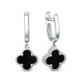 Серьги из серебра с чёрным ониксом родированные - Клевер, четырёхлистник