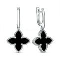 Серьги из серебра с ониксом родированные - Четырёхлистник