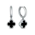 Серьги из серебра с чёрным агатом родированные - Клевер, четырёхлистник