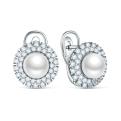 Серьги из серебра с культивированным жемчугом и фианитами родированные