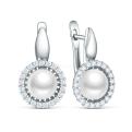 Серьги из серебра с культивированным жемчугом  и фианитами родированные