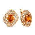 Серьги из золочёного серебра с коньячным янтарём и фианитами